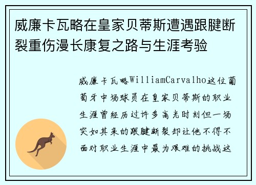威廉卡瓦略在皇家贝蒂斯遭遇跟腱断裂重伤漫长康复之路与生涯考验
