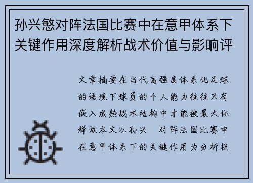 孙兴慜对阵法国比赛中在意甲体系下关键作用深度解析战术价值与影响评估